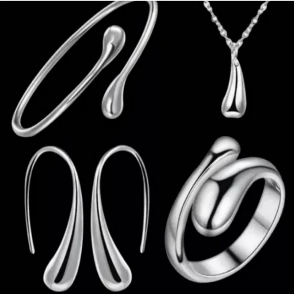 925 Sterling Silver Waterdrop Jewelry Set Bracelet Necklace Earrings and Ring - Picture 6 of 16